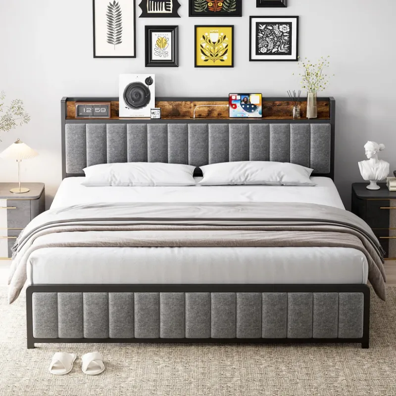 Photo 1 of Garvee King Size Bed Frame with Shelf Headboard and Charging Station, Industrial Upholstered Platform Bed with Outlets, Heavy Duty Metal Slats Support, No Box Spring Needed, Easy Assembly