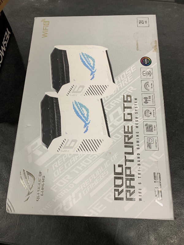 Photo 1 of ASUS ROG Rapture GT6 (2PK) AX10000 Tri-Band WiFi 6 Gaming Mesh System, Covers up to 5,800 sq ft, 2.5 Gbps Port, Triple-Level Game Acceleration, UNII 4, Free Lifetime Internet Security, Moonlight White