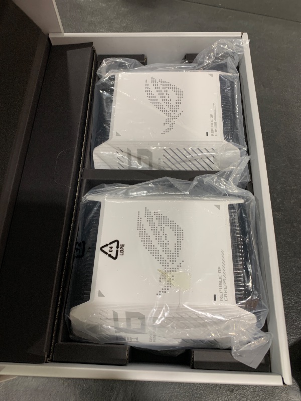 Photo 1 of ASUS ROG Rapture GT6 (2PK) AX10000 Tri-Band WiFi 6 Gaming Mesh System, Covers up to 5,800 sq ft, 2.5 Gbps Port, Triple-Level Game Acceleration, UNII 4, Free Lifetime Internet Security, Moonlight White