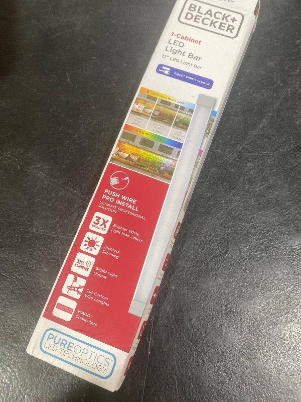 Photo 1 of Black+Decker PureOptics Professional Push Wire Under Cabinet Light Bar, Add-on, Plug-in or Hardwire Compatible, Adjustable White and RGB LED, for Kitchen, Pantry, Cabinets, (1) 12" Bar