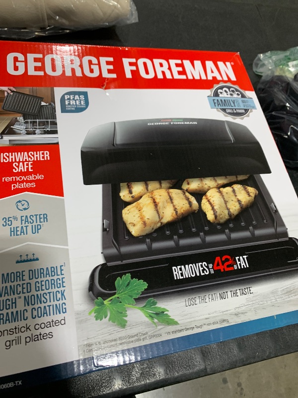 Photo 1 of George Foreman 4-Serving Removable Plate Electric Grill and Panini Press, George Tough Non-Stick Coating, Drip Tray Catches Grease, Black