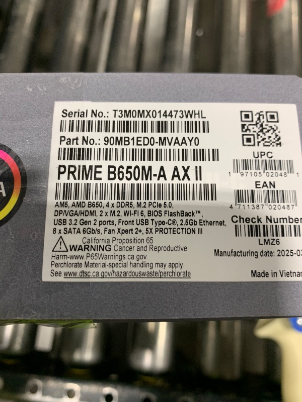 Photo 1 of ASUS Prime B650M-A AX II AMD B650 AM5 Ryzen™ Desktop 9000 8000 & 7000 Micro-ATX mATX Motherboard, DDR5, PCIe 5.0 M.2, 2.5Gb LAN, Wi-Fi 6, DisplayPort, HDMI®, USB 3.2, USB 3.2 Type-C®, BIOS Flashback™
