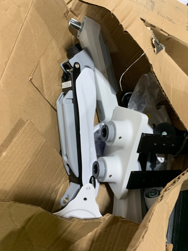 Photo 1 of HUANUO Dual Monitor Stand - Full Adjustable Monitor Desk Mount Swivel Vesa Bracket with C Clamp, Grommet Mounting Base for 13 to 32 Inch Computer Screens - Each Arm Holds 4.4 to 19.8lbs - White