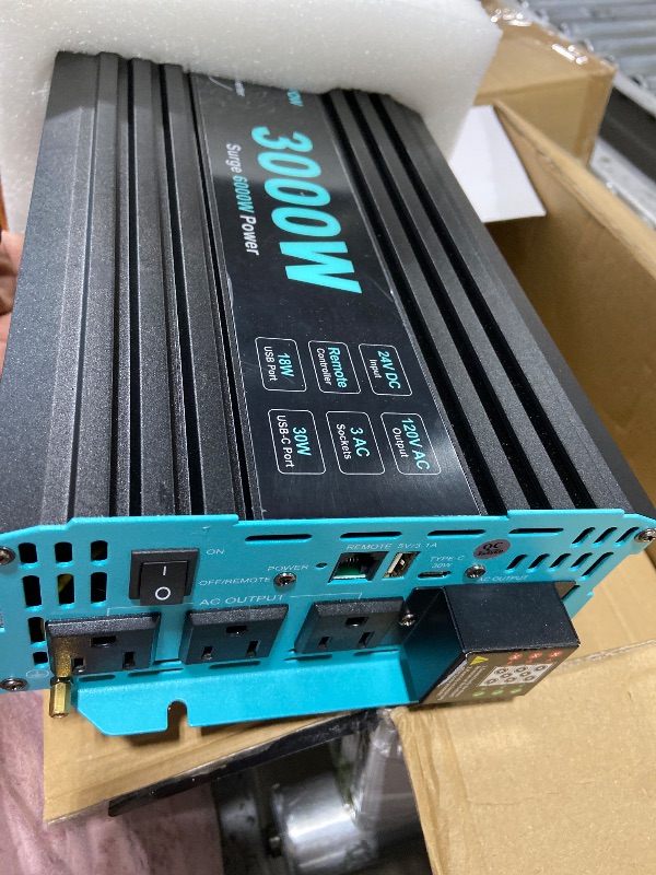Photo 1 of LANDERPOW 3000 Watt Pure Sine Wave Inverter 24V DC to 120V AC for RV, Truck, Solar, Home, Off-Grid, Power Inverter with 3 AC Outlet, 30W USB-C, 5V 3.1A USB, Hardwire Port, Remote Control, Surge 6000W