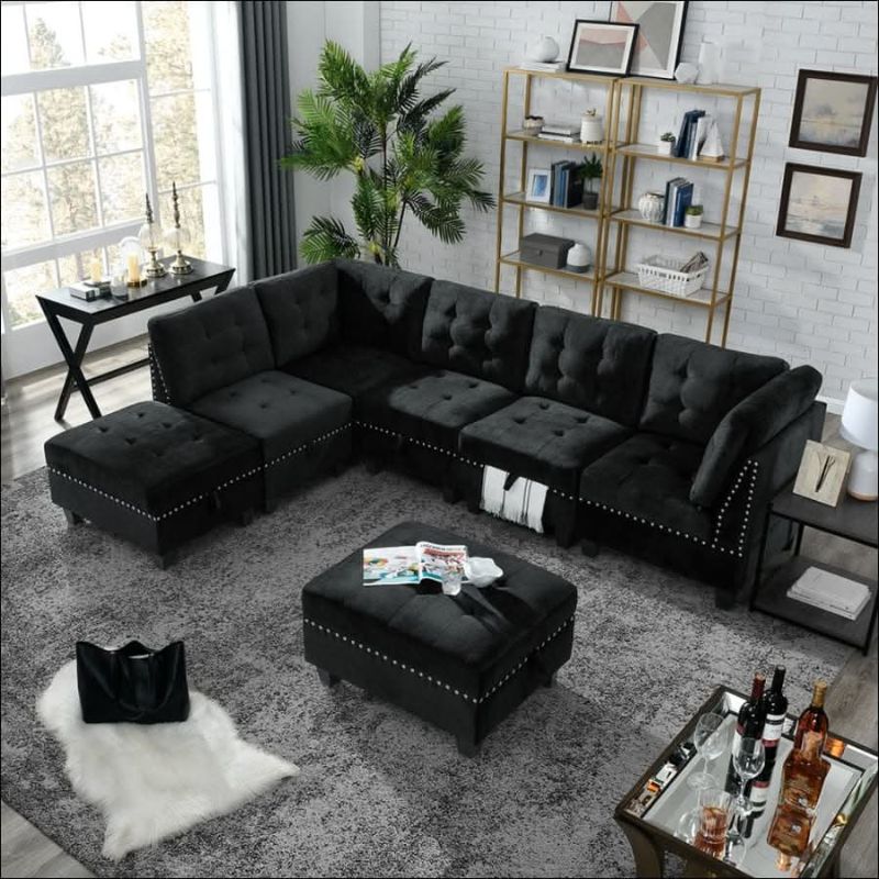 Photo 1 of TUFTED BLACK VELVET COUCH SET WITH WHEELS