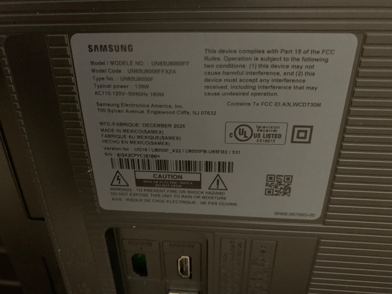 Photo 1 of FOR PARTS ONLY - Samsung 65-Inch Class Crystal UHD U8000F 4K Smart TV (2025 Model) Endless Free Content, Crystal Processor 4K, MetalStream Design, Knox Security, Alexa Built-in