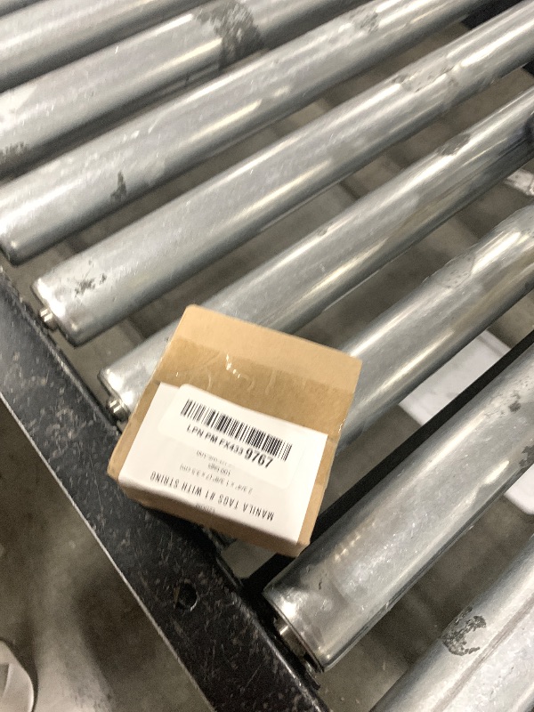 Photo 1 of 100 Small Manila Paper Tags with String - #1, 2 3/4” x 1 3/8” - Hang Shipping Labels with String Attached and Reinforced Hole, Pre-Strung Tags