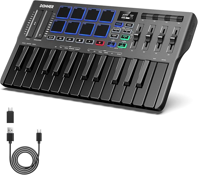 Photo 1 of see pictures,,,,,,,Donner USB-C MIDI Keyboard Controller, 25 Key Portable Mini MIDI Keyboard with 8 Drum Pads, OLED Display, 16 Smart Scales, Arpeggio, Replay, 4 DAW Software and 40 Teaching Courses, DMK 25 Pro Black