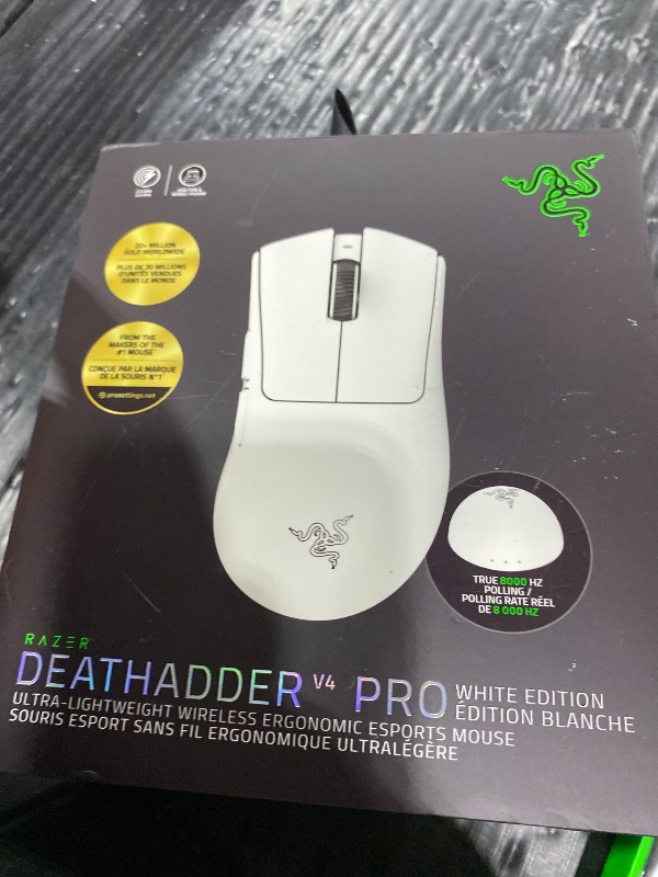 Photo 1 of Razer DeathAdder V4 Pro Wireless Gaming Mouse: 57g Lightweight - HyperSpeed Wireless Gen-2 - Optical Scroll Wheel - Optical Switches Gen-4 - Focus Pro 45K Sensor Gen-2 - Up to 150 Hr Battery - White