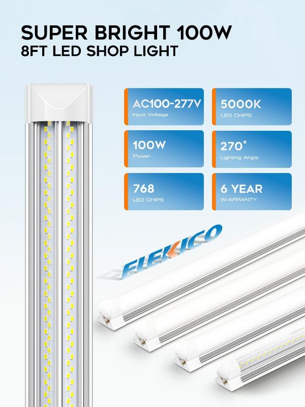 View 1 of ELEKICO 8ft LED Shop Light, highlighting its 100W power, 5000K daylight color, 270-degree beam angle, and 768 LED chips for superior brightness.