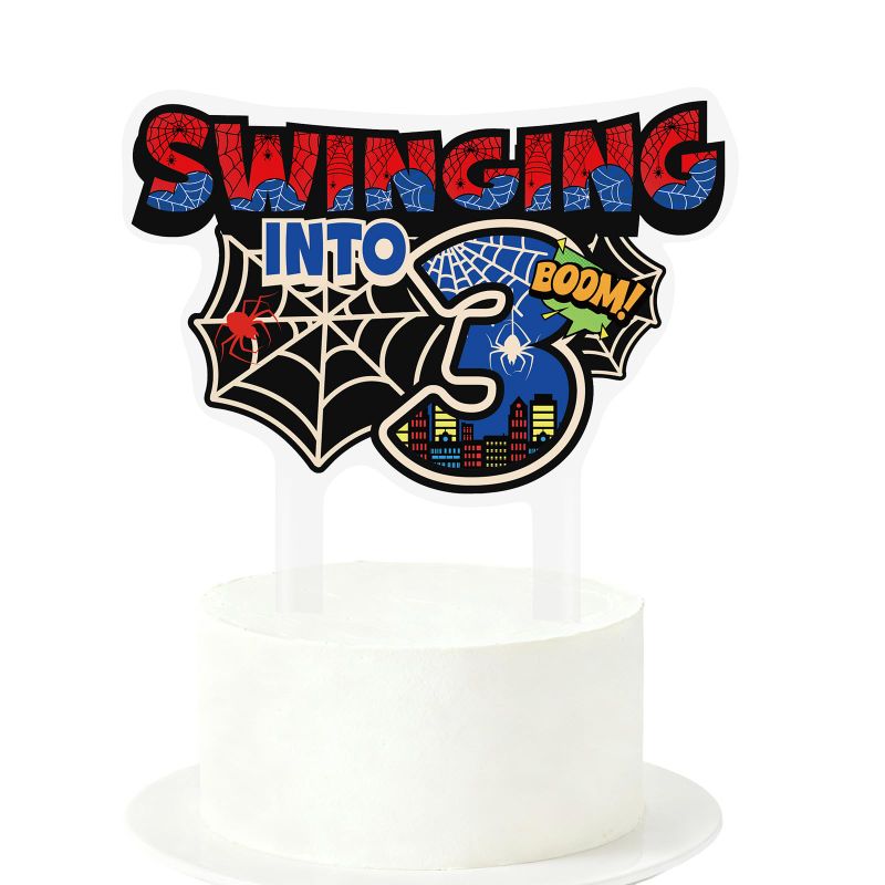Photo 1 of **Hero Birthday Banner Cartoon Anime Theme Birthday Decorations Paper Banner for Party Hanging Bunting Decor Home and Outdoor (Hero)
**Spider 3rd Birthday Cake Topper, Spider Web Theme Cake Decorations Swinging into Design Birthday Party Decorations for K