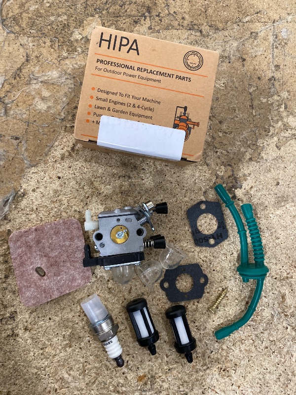 Photo 1 of  Hipa professional replacement carburetor kit designed for small engine outdoor power equipment. 
Includes: Carburetor, air filter, fuel filters, spark plug, gaskets, and fuel lines.
Compatibility: Designed for 2-cycle and 4-cycle small engines, including