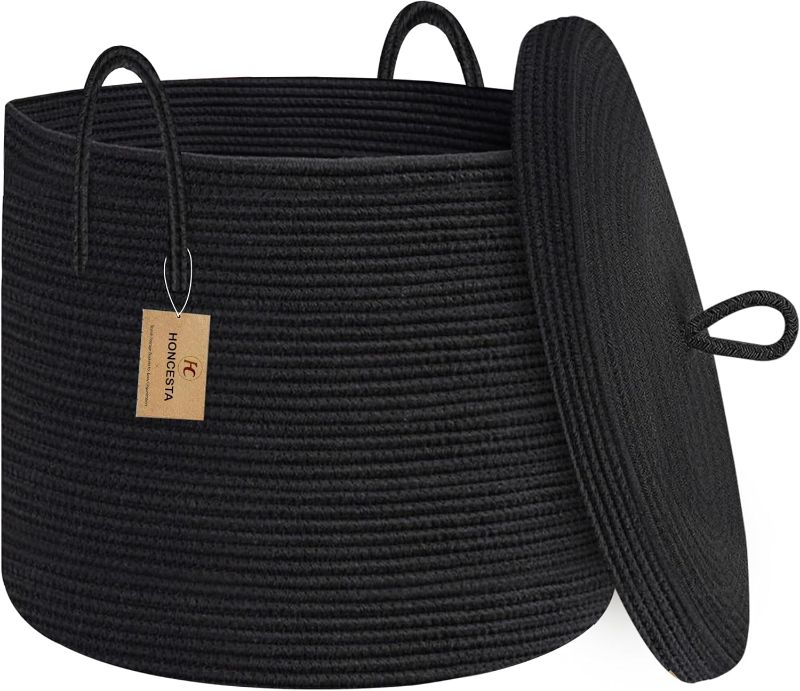 Photo 1 of  Large Black Basket with Lid, Cotton Rope Storage Basket for Blanket, Toy, Pillow, Towel, Living Room Bedroom Storage Bin, Wicker Woven All Black Organizing Bin with Cover
