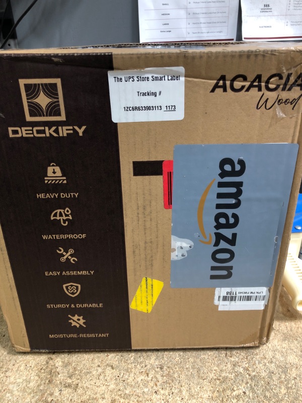Photo 1 of ***MISSING PARTS***
DECKIFY 9Pcs Acacia Wood Interlocking Patio Deck Tiles, 12 x 12 x 0.9 Inch Outdoor Flooring, Waterproof for All-Weather Use – Crossed, Dark Brown
