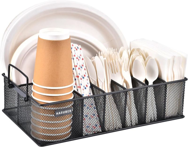 Photo 1 of **STOCK PHOTO FOR REFERENCE ONLY** SUOWEEI Paper Plate Organizer for Countertop, Silverware Caddy with Handles - 6 Compartment Flatware Organizer Utensil Holder for Spoon Fork Plates Cup Napkins Party or Camping