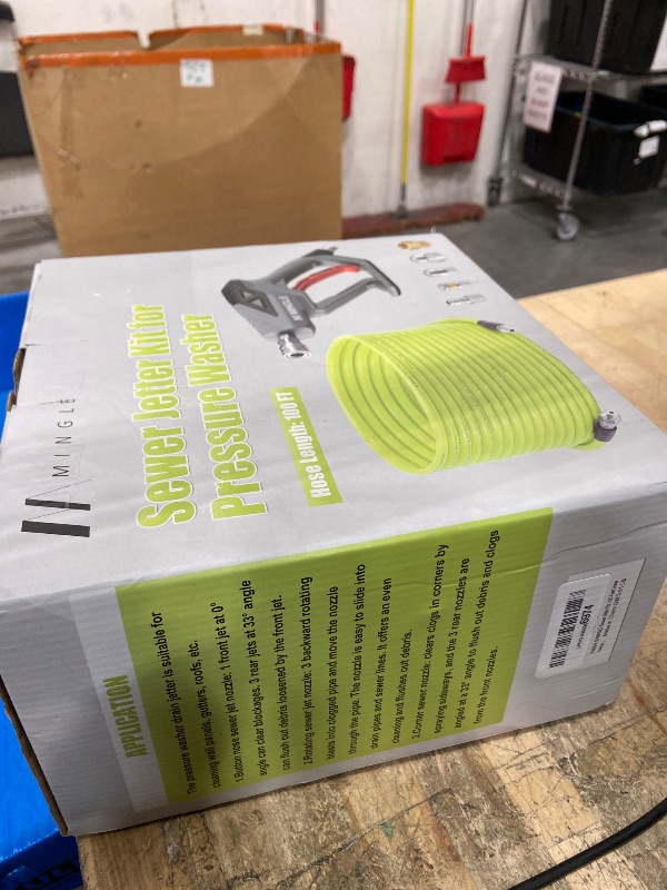 Photo 1 of **FACTORY SEALED** M MINGLE Sewer Jetter Kit for Pressure Washer 100 FT, Drain Cleaner Hose with Power Washer Gun, 1/4 Inch NPT Corner Rotating and Button Nose Sewer Jetting Nozzle, Orifice 4.0, 4.5