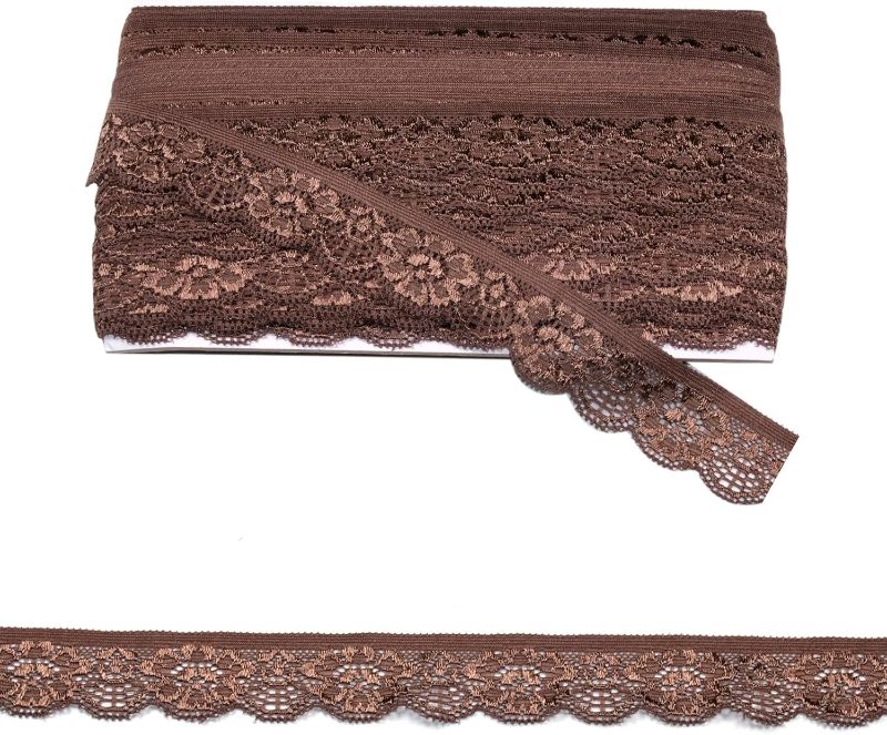 Photo 1 of 1 Inch Wide Floral Pattern Fabric Lace Ribbon, 20 Yards Lace Trim for Sewing Making, Wedding Dress, Clothing Accessories, Scrapbooking (Brown)