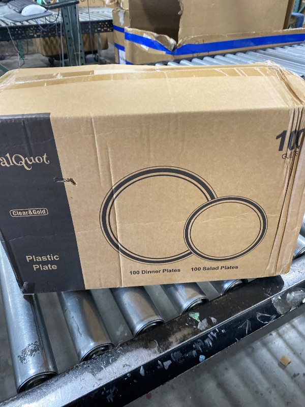 Photo 1 of QualQuot 200PCS Clear Plastic Plates with Gold Rim, Disposable Heavy Duty Plastic Plate, 100 Dinner and 100 Dessert Plates for Party and Wedding