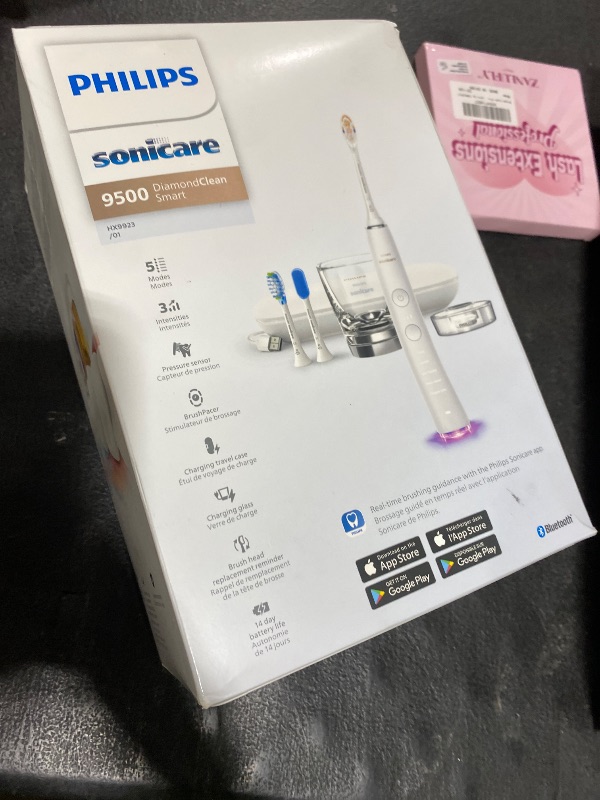 Photo 1 of Philips Sonicare DiamondClean Smart 9500 Electric Toothbrush - Sonic Toothbrush with App, Pressure Sensor, 15 Brushing Settings, Replacement Reminder, USB Charging Travel Case, White, Model HX9923/01