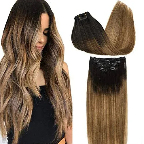 Photo 1 of Real Human Remy Hair Clip In Hair Extensions 22 Inch 120G 7pcs Color Balayage #18/60 Rooted Dirty Blonde/Bleach Blonde Highlights Double Wefted Silky Soft Long Lasting Human Hair Extensions