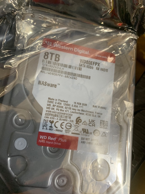 Photo 1 of Western Digital 8TB WD Red Plus NAS Internal Hard Drive HDD - 5640 RPM, SATA 6 Gb/s, CMR, 256 MB Cache, 3.5" - WD80EFPX