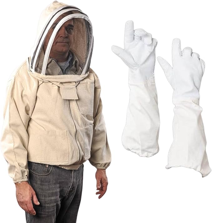 Photo 1 of Bee Jacket with Veil - Natural Canvas Bee Suit Jacket with Elastic Waist & Cuffs, YKK Brass Zippers, 3 Utility Pockets. Removable Hood Interchangeable with Forest Beekeeping Suit. XL
