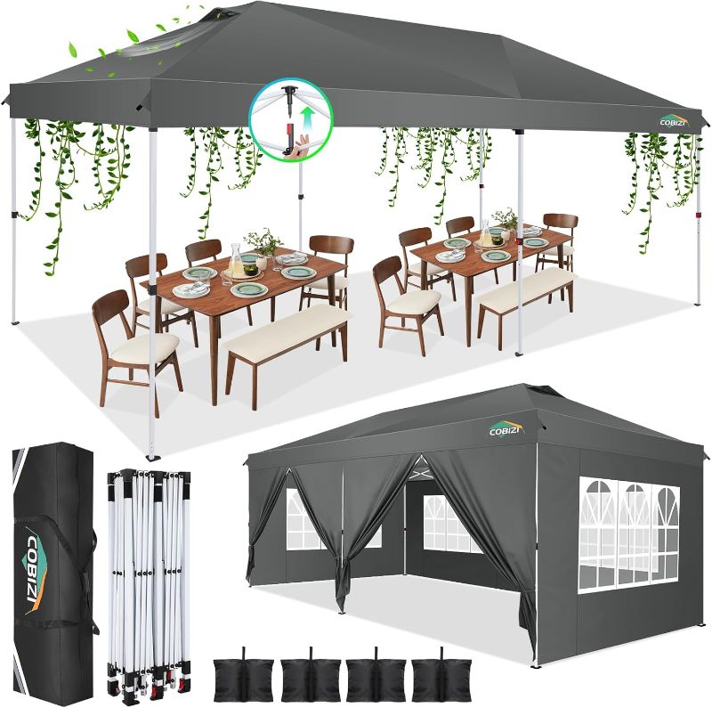 Photo 1 of COBIZI 10x20 Pop Up Canopy Tent, One Push Easy Up Gazebo with 6 Removable Sidewalls & Air Vent, Waterproof UV50+ Commercial Canopy with 4 Sandbags, Stakes & Ropes for Parties/Wedding/Backyard,Gray