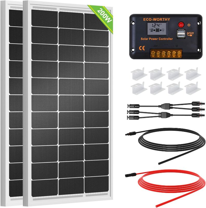 Photo 1 of ECO-WORTHY 200 Watts 12 Volt/24 Volt Solar Panel Kit with High Efficiency Monocrystalline Solar Panel and 30A PWM Charge Controller for RV, Camper, Vehicle, Caravan and Other Off Grid Applications