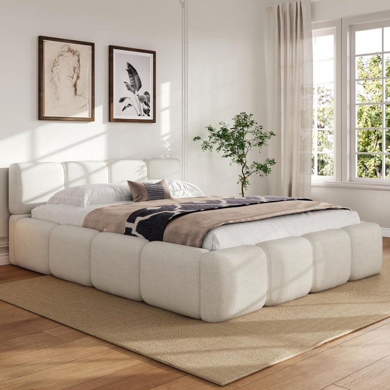 Photo 1 of Merax Queen Size Boucle Platform Bed with Thick Headboard and Footboard, Block Style Upholstery Grounded Bed Frame, White