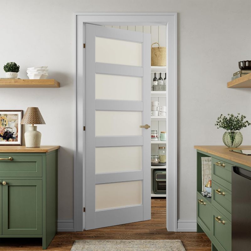 Photo 1 of SMARTSTANDARD 5-Panel Frosted Glass Interior Door Slab, 32" x 80" Slab Door for Pantry Pocket Laundry Bathroom French, Solid Core Pre-Assembled Panel Without Hardware, White