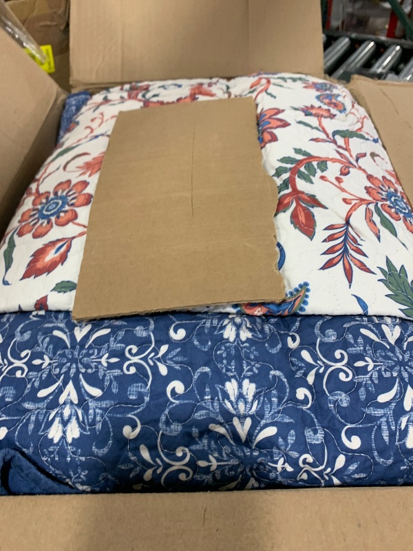 View 3 of QuiltEase Oversized King Bedspread 120"Lx128"W Extra Wide - 100% Cotton Lightweight Floral Bed Spread- Real Super Size Coverlet Set - Reversible California King Quilt - Blue/Coral Haze/Red/Green/White