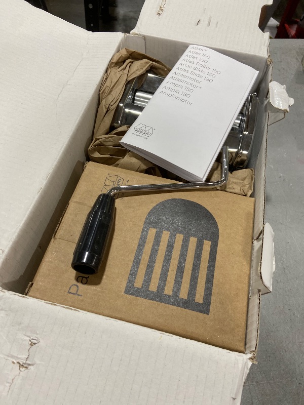Photo 1 of MARCATO Made in Italy Atlasmotor 110V Electric Pasta Machine, Chrome Steel. Set includes Atlas 150, handcrank, clamp, Pastadrive motor, and instruction manual