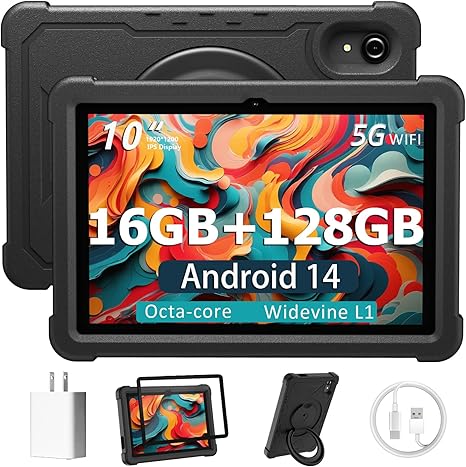 Photo 1 of Tablet 10 Inch Android 14 Tablet, 16GB RAM 128GB ROM, 1TB Expansion, Octa-core, Large Capacity Battery, 5MP + 8MP Dual Camera, 5G/2.4G WiFi, Bluetooth 5.0, GPS, Drop-Proof Case - Black (Black)
