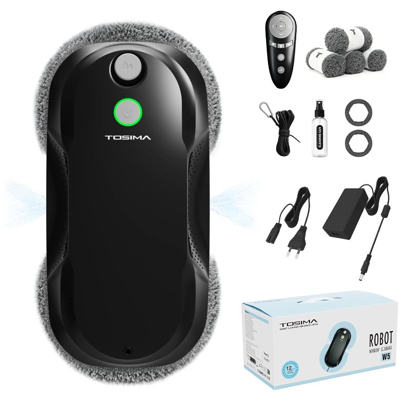 Photo 1 of Tosima W5 Window Cleaning Robot, Dual Direction Auto-Spray Smart Window Cleaner with Triple Safety System, Smart Navigation, Remote Control, for All Smooth Surfaces, with 8 Rags, Black
