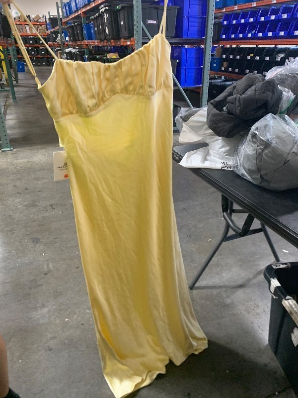 Photo 1 of Mogidol Summer Satin Spaghetti Strap Cowl Neck Backless Midi Dresses for Women Elegant Tie Low Back Ruched Cocktail Dress Yellow