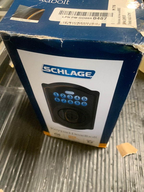 Photo 1 of Schlage Camelot Electronic Keypad Deadbolt Lock, Keyless Front Door Entry, Mechanical Key Backup Included, Aged Bronze, BE365 V CAM 716