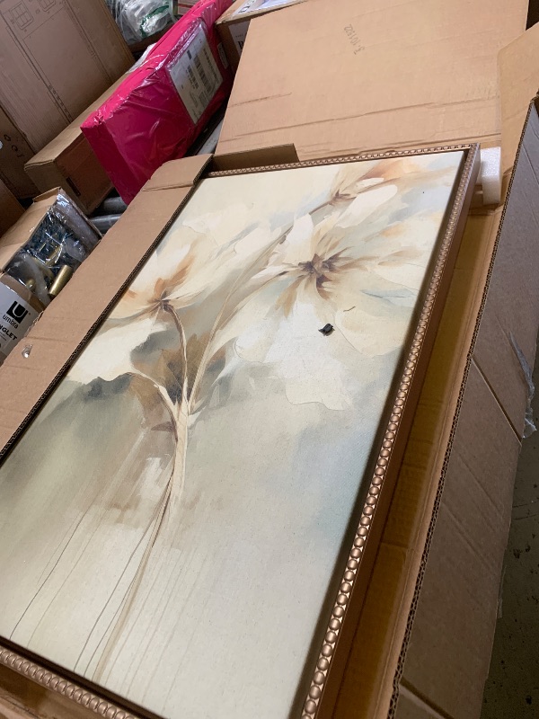 Photo 1 of Kate and Laurel Sylvie Beaded Abstract Botanical Floral Linen Painting 1 and 2 Vintage Framed Canvas Wall Art Set by The Creative Bunch Studio, 2 Piece Set 23x33 Gold, Simple Floral Art for Wall