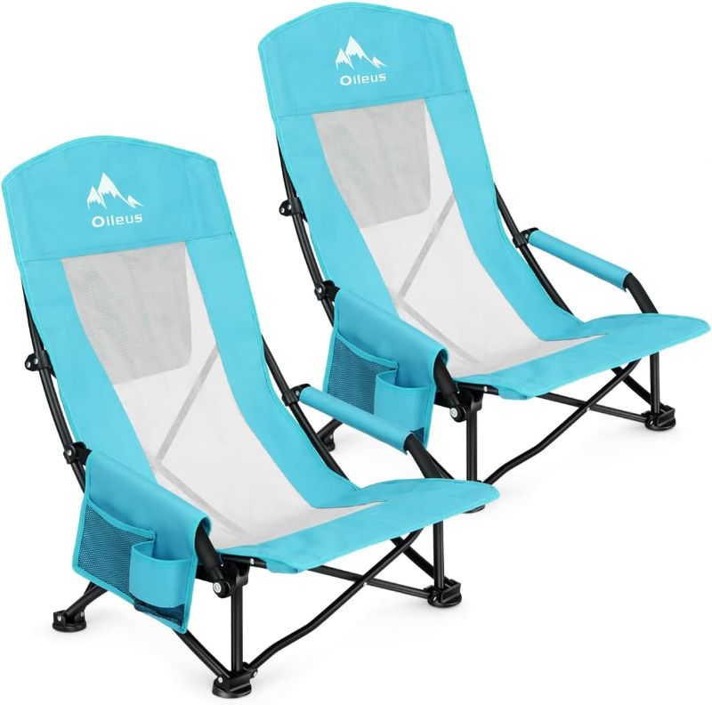 Photo 1 of Oileus Folding Portable Beach Chair, High-Back Low-Seat Lightweight Chair for Beach Tents, Shelters, and Camping, Full Mesh Backrest | Cup Holder | Storage Bag | Carrying Bag | 2 Armrests