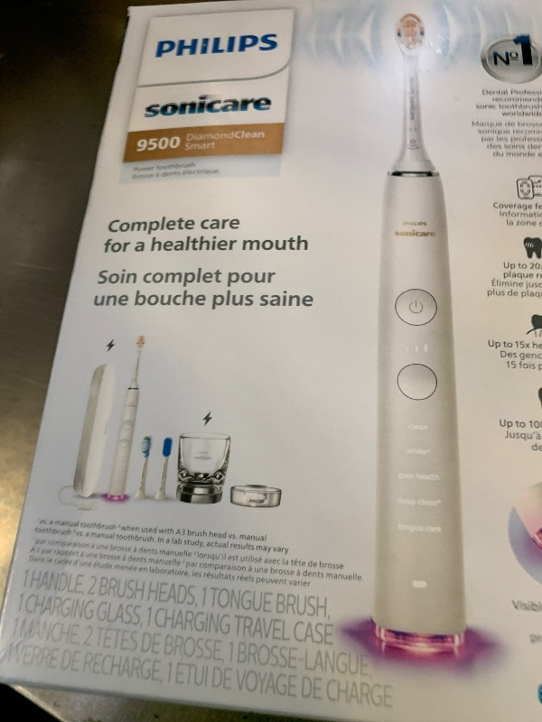Photo 1 of Philips Sonicare DiamondClean Smart 9500 Electric Toothbrush - Sonic Toothbrush with App, Pressure Sensor, 15 Brushing Settings, Replacement Reminder, USB Charging Travel Case, White, Model HX9923/01