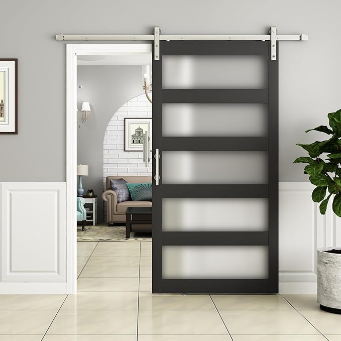 Photo 1 of BARNSMITH 48in x 96in Glass Barn Door with 8FT Nickle Sliding Door Hardware Included, 5-Panel Frosted Glass Sliding Barn Door, Solid Wood Covered with Water-Proof PVC Surface, Easy Assembly, Black