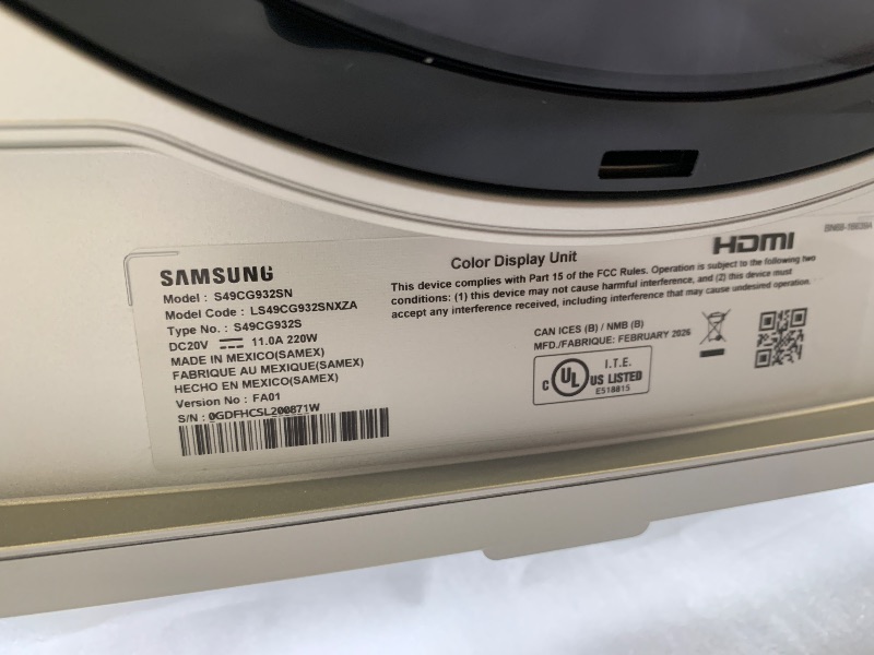 Photo 1 of Samsung 49" Odyssey G93SC Series Curved Gaming Monitor, QD-OLED, 240Hz, 0.03ms, DQHD, G-Sync Compatible, FreeSync Premium Pro, Adjustable Stand