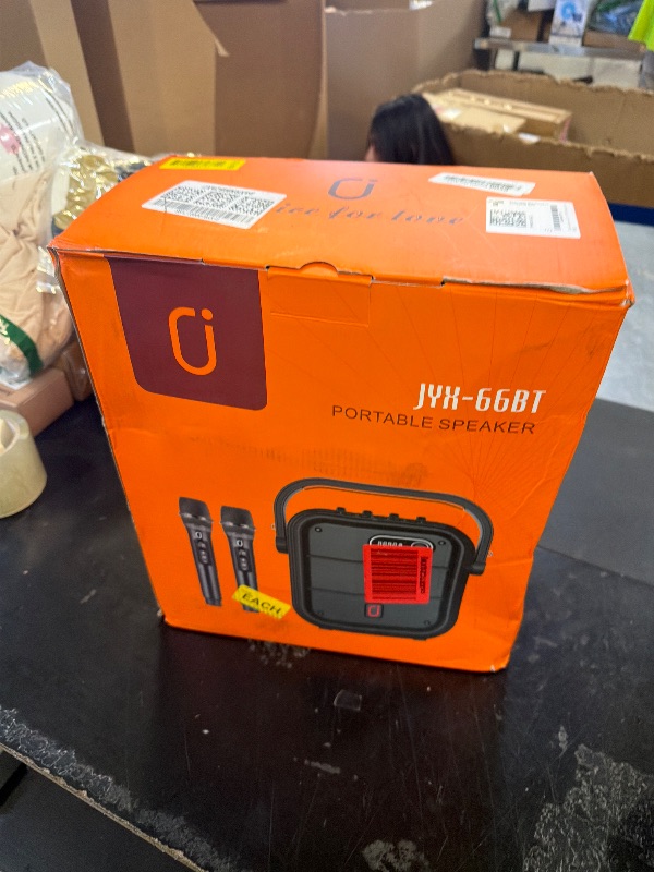 Photo 1 of JYX Karaoke Machine with 2 Wireless Microphones, 5200mAh Portable Speaker Set Bluetooth 5.0 Rechargeable PA System with TWS,FM, REC,Stage Subwoofer Supports BT/USB/TF Card/Aux for Party