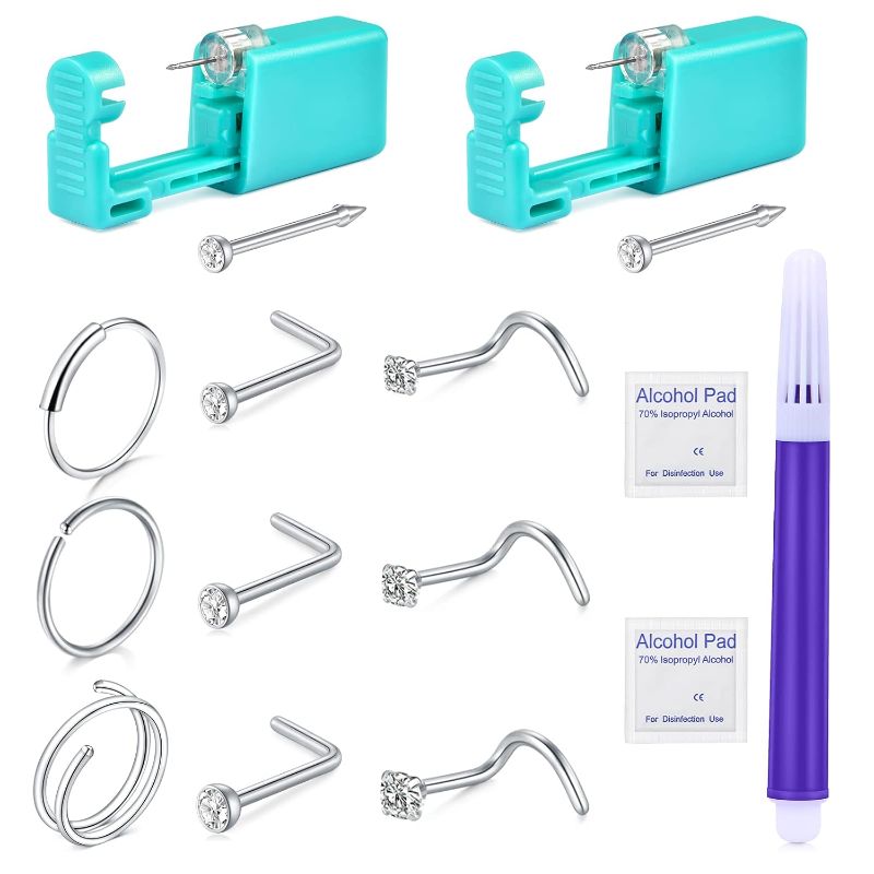 Photo 1 of DJCIW 14PCS Nose Piercing Kit,DJCIW Disposable Self Nose Piercing Gun Kit with 316L Stainless Steel 18G Double Nose Rings Hoop Nose Studs Safety Nose Piercing Gun Kit Tool
