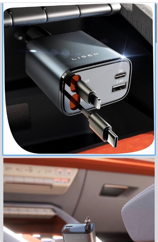 Photo 1 of LISEN Retractable Car Charger, Gifts for Men Women, 84W Car Adapter USB C Fast Charger for iPhone, Travel Essentials Car Accessories for Men Women Gifts for iPhone 17 16 15 14 13 12 11 X Samsung S26