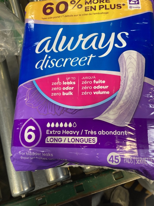 Photo 1 of Always Discreet Adult Incontinence Pads for Women, Drier, 6 Drop Long Length, Extra Heavy Absorbency, Pads for Bladder Control Management, Bladder Leaks, & Postpartum Pads, 45ct