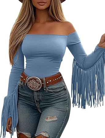 Photo 1 of Off The Shoulder Fringe Tops for Women Western Cowgirl Outfits Stretchy Fall Long Sleeve Crop Tassel Shirts Y2K SIZE M