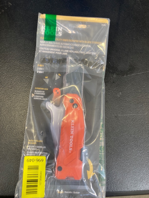 Photo 1 of Klein Tools 44306 FLICKBLADE 2-in-1 Folding Utility Knife and Scraper with Built-In Blade Storage, Dual Locking Positions, Includes 3 Triple-Ground Carbon Steel Blades