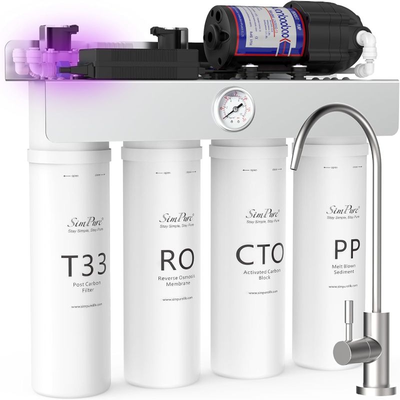 Photo 1 of SimPure T1-400UV Tankless Reverse Osmosis System with UV, NSF/ANSI 58 Certified, Under Sink RO Water Filter System 400 GPD, 8 Stage Filtration Near 0 TDS, Built-in Pump, BPA Free, 1.5:1 Pure to Drain
