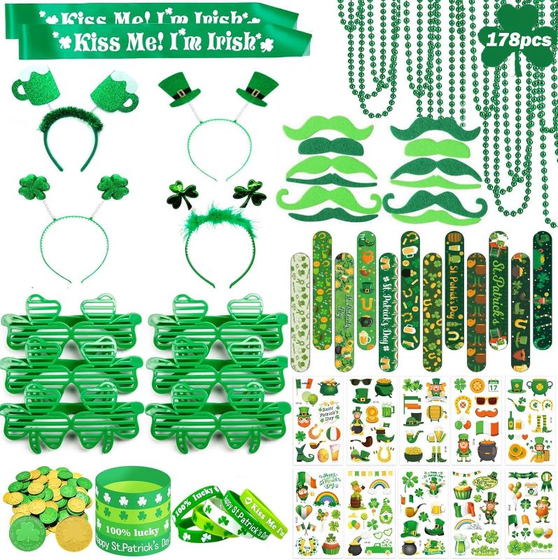Photo 1 of St. Patrick's Day party gift set, including shamrock glasses, soft rubber bracelets, beaded chains, mustaches, hair bands, and Irish-themed party supplies with themed stickers