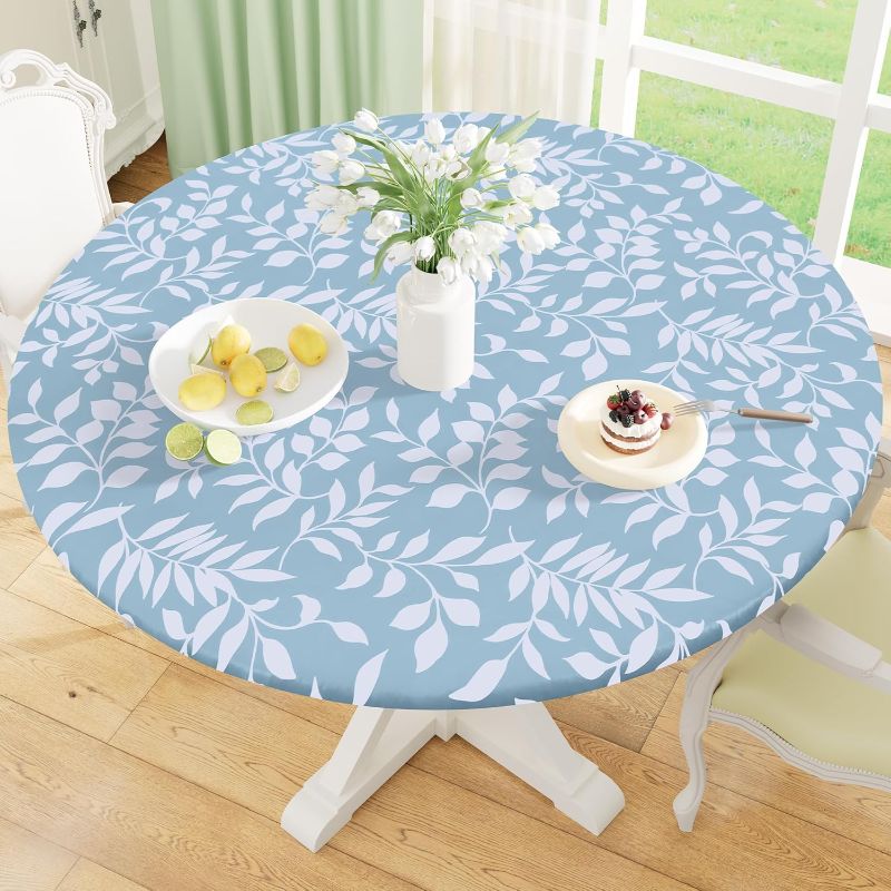 Photo 1 of misaya Round Fitted Tablecloth with Elastic Edge, 100% Waterproof Oil Proof Plastic Table Cover, Vinyl Flannel Backed Tablecloth Fits 36"-44" Round Tables for Dinner, Outdoor, Picnic, Blue Leaves
